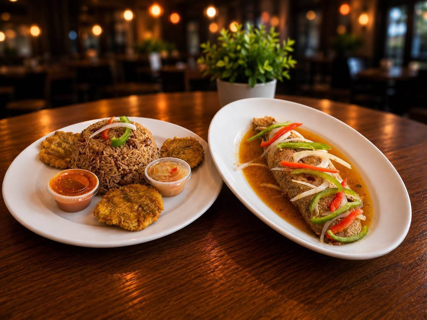 A platter of Haitian food served at Seven Wonders