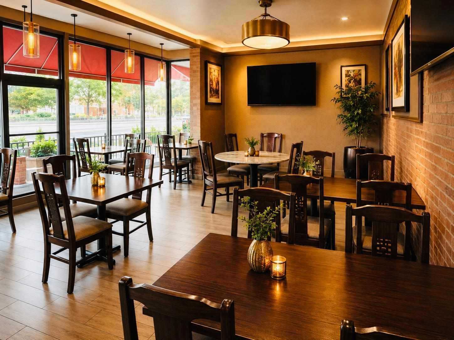 The Seven Wonders dining room, warmly lit